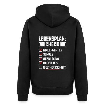 Abitur LEBENSPLAN CHECK WELTHERRSCHAFT Lustiges - Unisex Premium Bio Zip Hoodie - Schwarz - Hinten - Nico (187cm)