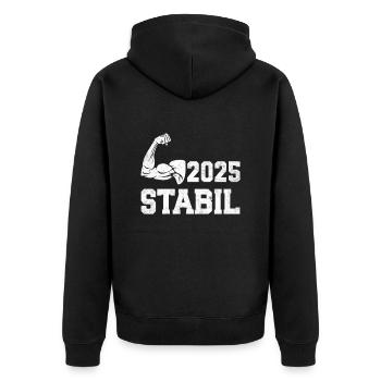 Abitur Abschluss 2025 STABIL Abi Geschafft Lustig - Unisex Premium Bio Zip Hoodie - Schwarz - Hinten - Nico (187cm)