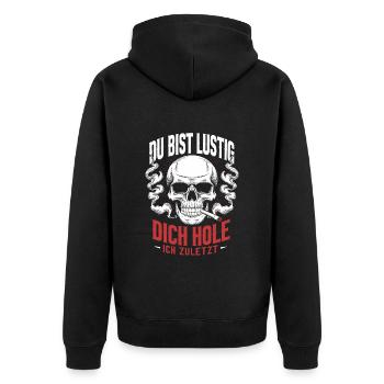 Du bist lustig Totenkopf | Motorradfahrer | Biker - Unisex Premium Bio Zip Hoodie - Schwarz - Hinten - Nico (187cm)