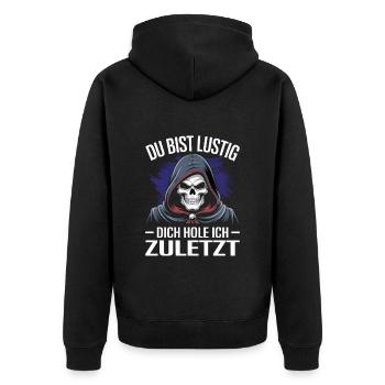 Du bist lustig Totenkopf | Biker | Motorradfahrer - Unisex Premium Bio Zip Hoodie - Schwarz - Hinten - Nico (187cm)