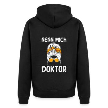Doktorarbeit NENN MICH DOKTOR Ph.D Lustiges - Unisex Premium Bio Zip Hoodie - Schwarz - Hinten - Nico (187cm)