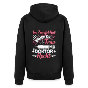 Doktortitel IM ZWEIFEL HAT FRAU DOKTOR RECHT - Unisex Premium Bio Zip Hoodie - Schwarz - Hinten - Nico (187cm)