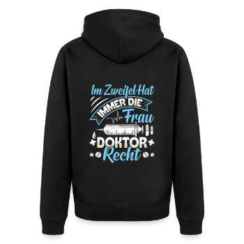 Doktortitel IM ZWEIFEL HAT FRAU DOKTOR RECHT - Unisex Premium Bio Zip Hoodie - Schwarz - Hinten - Nico (187cm)