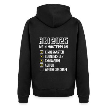 Abitur Absolvent ABI 2025 MEIN MASTERPLAN Lustiges - Unisex Premium Bio Zip Hoodie - Schwarz - Hinten - Nico (187cm)