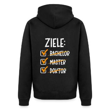 Doktorand ZIELE: BACHELOR MASTER DOKTOR Lustig - Unisex Premium Bio Zip Hoodie - Schwarz - Hinten - Nico (187cm)