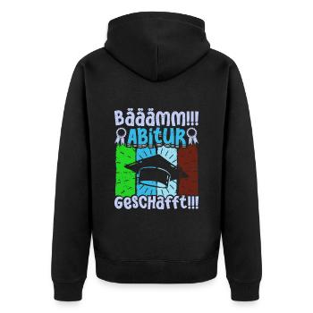 ABITUR GESCHAFFT!! Abi Geschafft Lustiges - Unisex Premium Bio Zip Hoodie - Schwarz - Hinten - Nico (187cm)