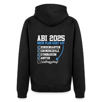 ABI 2025 MEIN PLAN GEHT AUF Abiturient Lustiges - Unisex Premium Bio Zip Hoodie - Schwarz - Hinten - Nico (187cm)