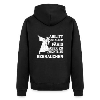 Abi ABILITY ZU ALLEM FÄHIG NICHT ZU GEBRAUCHEN - Unisex Premium Bio Zip Hoodie - Schwarz - Hinten - Nico (187cm)