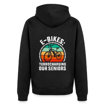 Senioren E-BIKES TURBOCHARGING OUR SENIORS Lustig - Unisex Premium Bio Zip Hoodie - Schwarz - Hinten - Nico (187cm)