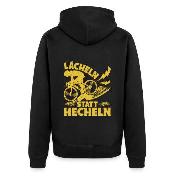 Elektro Fahrrad LÄCHELN STATT HECHELN Lustiges - Unisex Premium Bio Zip Hoodie - Schwarz - Hinten - Nico (187cm)