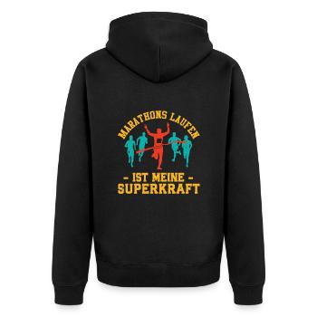 Läufer MARATHONS LÄUFER IST MEINE SUPERKRAFT - Unisex Premium Bio Zip Hoodie - Schwarz - Hinten - Nico (187cm)