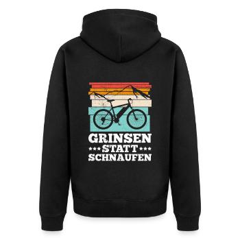 Elektro Fahrrad GRINSEN STATT SCHNAUFEN Lustiges - Unisex Premium Bio Zip Hoodie - Schwarz - Hinten - Nico (187cm)