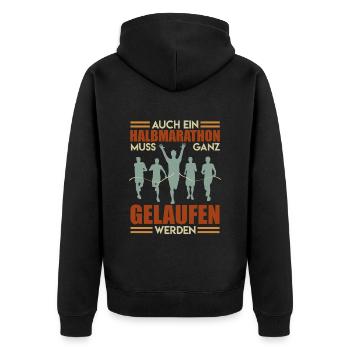 Läufer AUCH HALBMARATHON MUSS GELAUFEN WERDEN - Unisex Premium Bio Zip Hoodie - Schwarz - Hinten - Nico (187cm)
