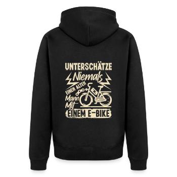 EBike UNTERSCHÄTZE NIE EINEN ALTEN MANN MIT E-BIKE - Unisex Premium Bio Zip Hoodie - Schwarz - Hinten - Nico (187cm)