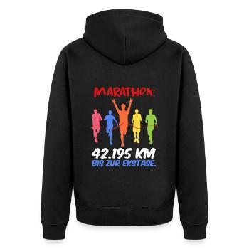 Läufer MARATHON BIS ZUR EKSTASE Laufen Lustig - Unisex Premium Bio Zip Hoodie - Schwarz - Hinten - Nico (187cm)