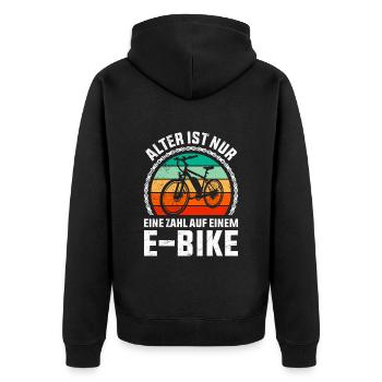 E-Bike ALTER IST NUR EINE ZAHL AUF EINEM E-BIKE - Unisex Premium Bio Zip Hoodie - Schwarz - Hinten - Nico (187cm)