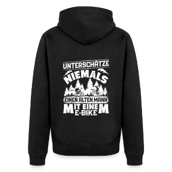 EBike UNTERSCHÄTZE NIE EINEN ALTEN MANN MIT E-BIKE - Unisex Premium Bio Zip Hoodie - Schwarz - Hinten - Nico (187cm)