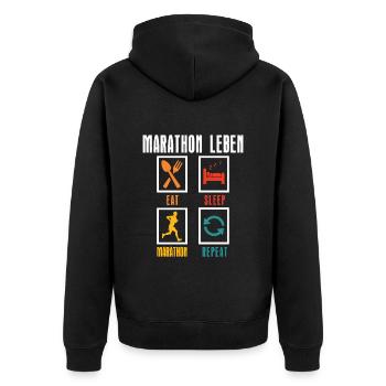 Läufer MARATHON LEBEN Laufen Lustiges - Unisex Premium Bio Zip Hoodie - Schwarz - Hinten - Nico (187cm)