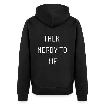Talk nerdy to me Lustiger Spruch Nerd Geek IT PC - Unisex Premium Bio Zip Hoodie - Schwarz - Hinten - Nico (187cm)