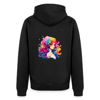 Mädchen mit leuchtenden bunten Haaren - Unisex Premium Bio Zip Hoodie - Schwarz - Hinten - Nico (187cm)