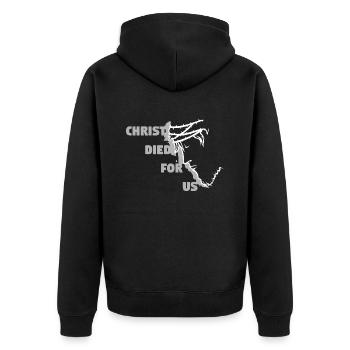 Christus starb für uns - Deutsch - Unisex Premium Bio Zip Hoodie - Schwarz - Hinten - Nico (187cm)