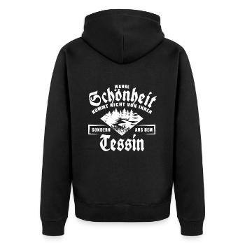 Wahre Schönheit kommt nicht von innen, Tessin - Unisex Premium Bio Zip Hoodie - Schwarz - Hinten - Nico (187cm)