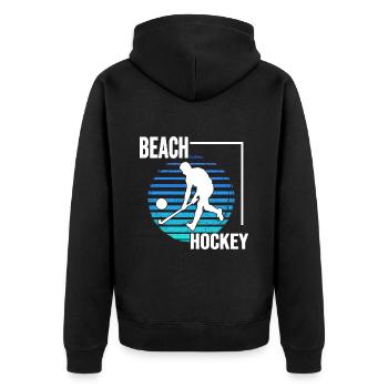 Beachhockey hockeyspielen am Strand BeachhockeyFun - Unisex Premium Bio Zip Hoodie - Schwarz - Hinten - Nico (187cm)