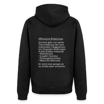 JGA Kumpel - offizielle Mitteilung - Unisex Premium Bio Zip Hoodie - Schwarz - Hinten - Nico (187cm)