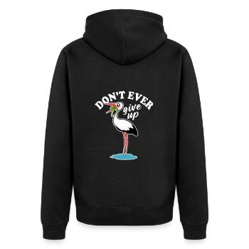 Frosch und Storch - Don't ever give up - Spruch - Unisex Premium Bio Zip Hoodie - Schwarz - Hinten - Nico (187cm)