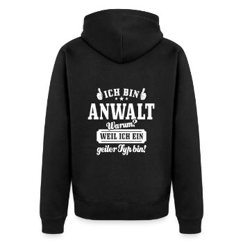 Ich bin Anwalt weil ich ein geiler Typ bin - Unisex Premium Bio Zip Hoodie - Schwarz - Hinten - Nico (187cm)