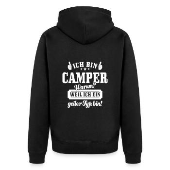Ich bin Camper weil ich ein geiler Typ bin, Spruch - Unisex Premium Bio Zip Hoodie - Schwarz - Hinten - Nico (187cm)