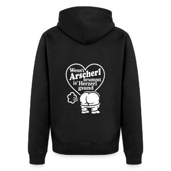 Wenns Arscherl brummt is Herzerl gsund - Unisex Premium Bio Zip Hoodie - Schwarz - Hinten - Nico (187cm)