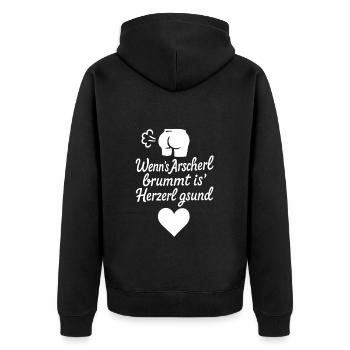 Wenns Arscherl brummt is Herzerl gsund - Unisex Premium Bio Zip Hoodie - Schwarz - Hinten - Nico (187cm)