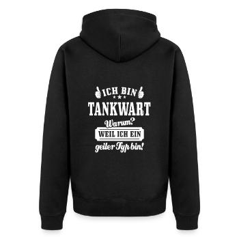 Ich bin Tankwart weil ich ein geiler Typ bin - Unisex Premium Bio Zip Hoodie - Schwarz - Hinten - Nico (187cm)