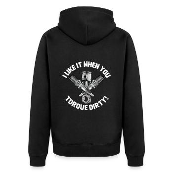 Ich mag es, wenn du schmutzig drehst - Unisex Premium Bio Zip Hoodie - Schwarz - Hinten - Nico (187cm)
