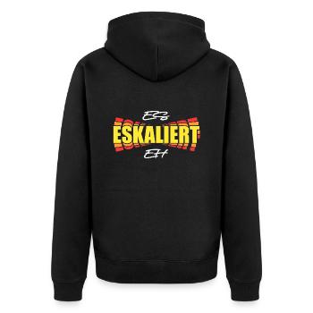 Es eskaliert eh - Unisex Premium Bio Zip Hoodie - Schwarz - Hinten - Nico (187cm)