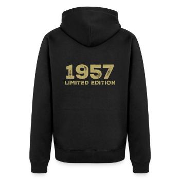 Geburtstagsgeschenk Jahrgang 1957 Jahrgang 1957 - Unisex Premium Bio Zip Hoodie - Schwarz - Hinten - Nico (187cm)