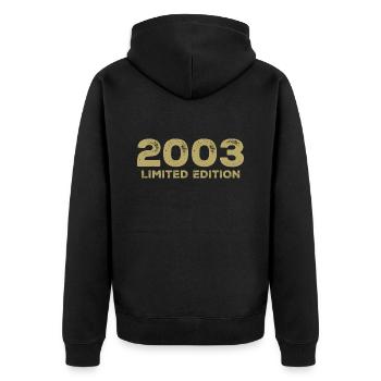 Geburtstagsgeschenk Jahrgang 2003 Jahrgang 2003 - Unisex Premium Bio Zip Hoodie - Schwarz - Hinten - Nico (187cm)