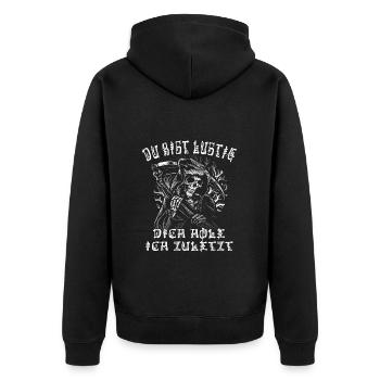 Du bist lustig, dich hole ich zuletzt, Sensenmann - Unisex Premium Bio Zip Hoodie - Schwarz - Hinten - Nico (187cm)