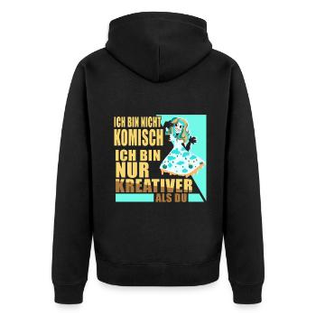 Ich bin nicht Komisch ich bin nur kreativer als du - Unisex Premium Bio Zip Hoodie - Schwarz - Hinten - Nico (187cm)