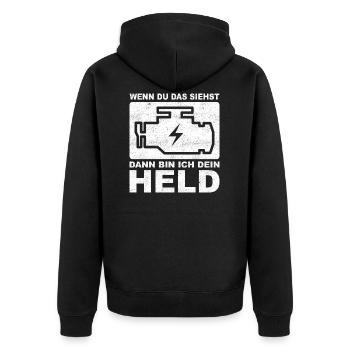 Dieses Symbol macht mich zum Helden - Unisex Premium Bio Zip Hoodie - Schwarz - Hinten - Nico (187cm)