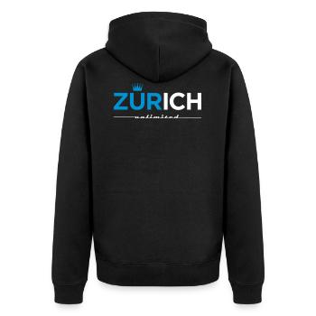 Zürich unlimited - Unisex Premium Bio Zip Hoodie - Schwarz - Hinten - Nico (187cm)