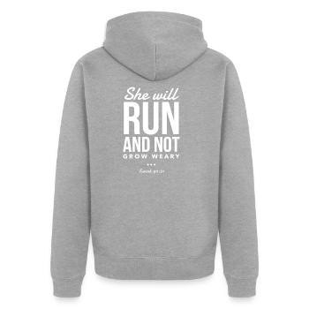 Conception chrétienne Bible Verse Run Pas se lasser - Veste à capuche bio Premium Unisexe - gris chiné - Dos - Nico (187cm)
