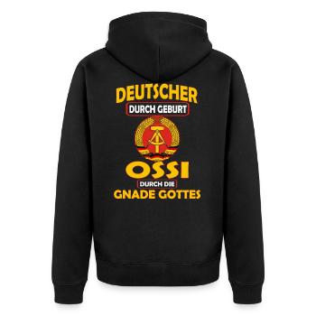 OSSI DURCH DIE GNADE GOTTES - Unisex Premium Bio Zip Hoodie - Schwarz - Hinten - Nico (187cm)