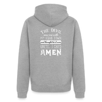 Christian Prayer Devil Wrong Head Down Amen God - Unisex Premium Organic Zip Hoodie - heather grey - Back - Nico (187cm)
