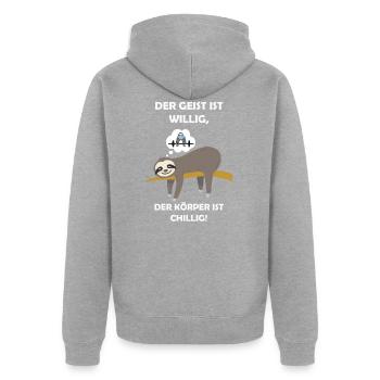 Der Geist ist willig, der Körper ist chillig - Unisex Premium Bio Zip Hoodie - Grau meliert - Hinten - Nico (187cm)