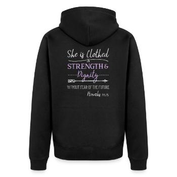 Womens Christian Clothed Strength Dignity Saying - Unisex Premium Organic Zip Hoodie - black - Back - Nico (187cm)