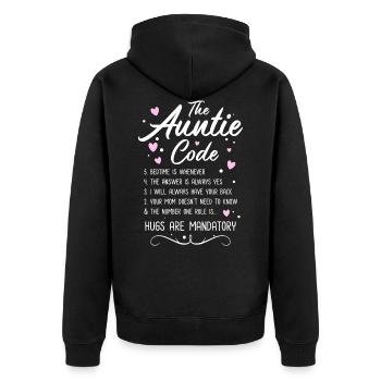 The Auntie Code... Hugs Are Mandatory - Unisex Premium Bio Zip Hoodie - Schwarz - Hinten - Nico (187cm)
