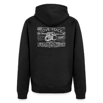 Liebe Frieden Urbex - Unisex Premium Bio Zip Hoodie - Schwarz - Hinten - Nico (187cm)