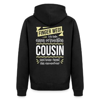 Finger weg! Ich habe einen verrückten Cousin... - Unisex Premium Bio Zip Hoodie - Schwarz - Hinten - Nico (187cm)